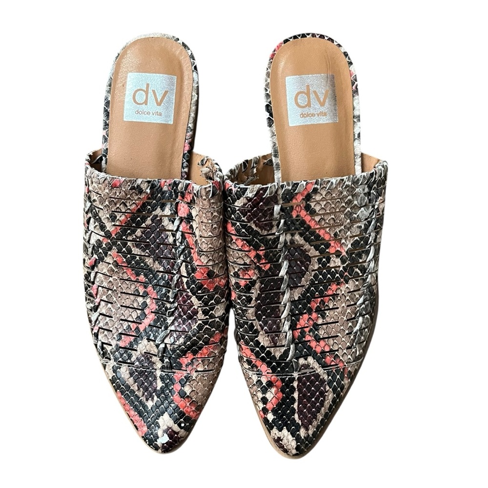 Dolce Vita Snakeskin-Print Pointed Mules in Pink, Black, Brown